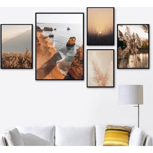 Nature Landscape Poster And Print Beach Mountain Reed Flower Wall Art Canvas Painting Nordic Wall Pictures For Living Room Decor