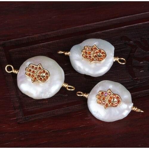 Orange cubic zircon paved gold fatima hand hamsa protection luck charms freshwater pearl connector bead charm for bracelet DIY