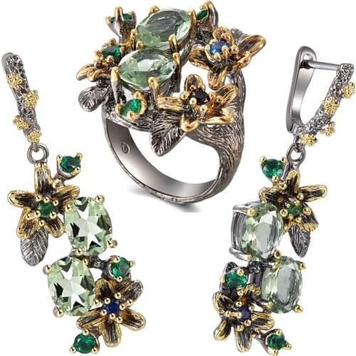 Stunning CZ Earring Rings Set Engagement Party Flower Ring Eye Catching Olivine Zircon Jewelry Drop Shipping