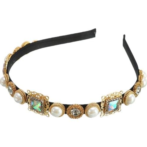 Baroque Rose Crystal Headband Headwear For Women Girl Wedding Hair Jewelry Gold Metal Carved Green Gem Queen Crown Tiara