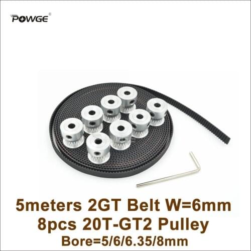 POWGE 8pcs 20 Teeth GT2 Timing Pulley Bore 5/6/6.35/8mm + 5M GT2 Timing Belt Width 6mm 20Teeth 20T 2GT Pulley 3D Printer Parts