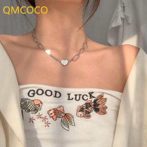 QMCOCO 925 Silver Necklace For Women New Trend Vintage Creative Splicing Chain Heart-Shape Party Jewelry Gift