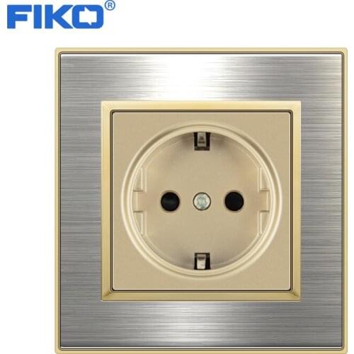FIKO EU Standard Wall Socket Luxury Power Outlet Stainless Steel Brushed Silver Panel Electrical Plug