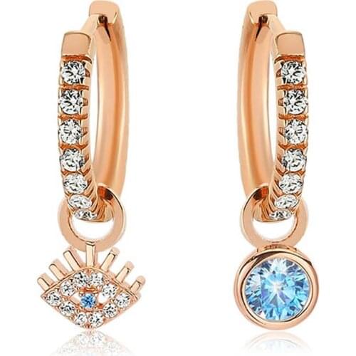 Valori Jewels Evil Eye And Round, Zirconia White And Blue Gemstone, Rose Gold Plated, Sterling Silver Small Hoop Charm Earring