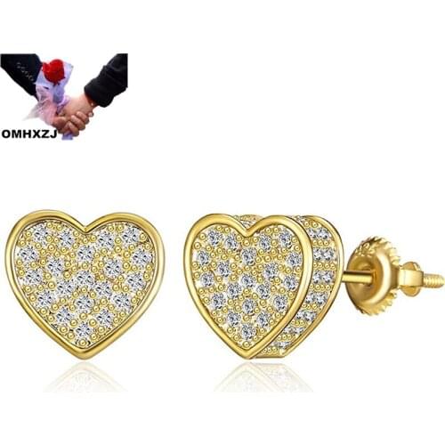 OMHXZJ Wholesale EA683 European Fashion Fine Hot Woman Girl Party Birthday Wedding Gift Heart AAA Zircon 18KT Gold Stud Earrings