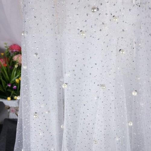 New bronzed pearl beaded mesh fabric wedding dress skirt clothing mesh fabric tulle lace fabric 130cm width