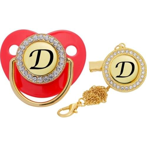 Initial Letter Baby Pacifier and Pacifier Clips Gold Bling BPA Free 26 Letters Name Silicone Infant Nipple Newborn Dummy Soother