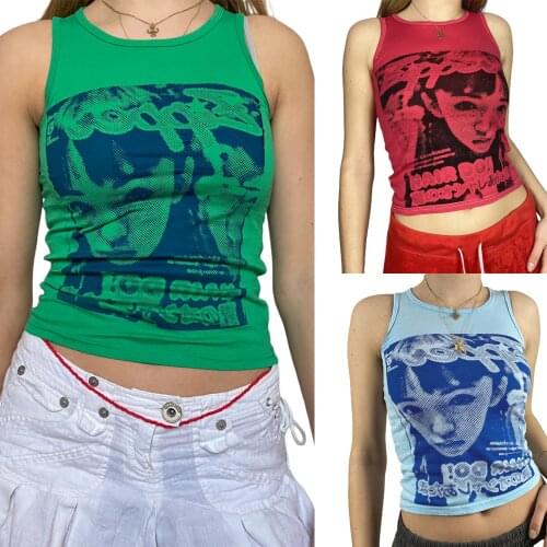 Y2K Female Camisole, Summer Portrait Print Round Neck Sleeveless Tops Vest for Women, Green/Blue/Red, S/M/L
