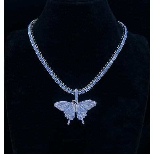 Fashion 5MM Gold Silver Color 1 Row Tennis Chain Necklace Pendant Women Hip Hop Choker Iced Out Butterfly Pendant Women Jewelry