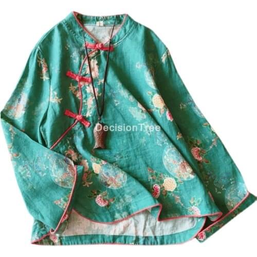 2021 retro cotton chiffon blouse female ethnic style shirt chinese wind flower print tea service women cheongsam blouse hanfu