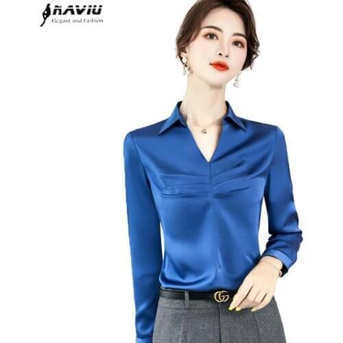 2020 Spring New Women V Neck Shirt Fashion Formal Long Sleeve Chiffon Blouses Office Ladies Temperament Work Tops Blue