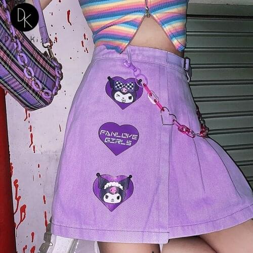 Ladies Japanese Harajuku High Waist Skirt Girls Love Cartoon Print Purple A-line Pleated Skirt Women Mini Kawaii Denim Skirt