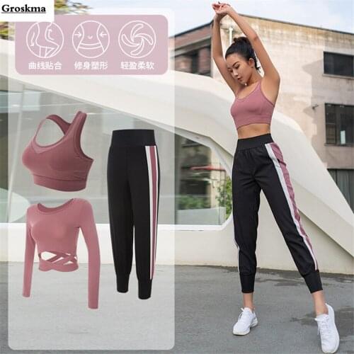 2020 Spring summer women yoga 3 piece set crop top t shirt+sexy bra+pants fitness gym sportswear clothing outdoor running suits