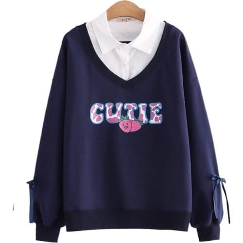 Harajuku Strawberry Print Cute Pullover Sweatshirt Women 2021 Winter Patchwork Turndown Collar Korean Ladies Graphic Kawaii Top