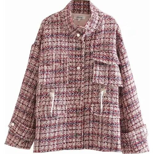 Womens Retro Contrast Color Plaid Woolen Stand Collar Drawstring Waist Coat Elegant Pocket Cardigan Fashion Street Clothing