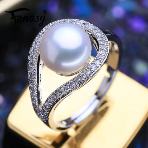 FENASY Natural Freshwater Pearl Rings Trendy Adjustable Size 925 Sterling Silver Leaf Rings For Women With Shining Zircon
