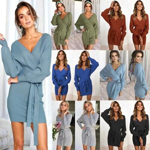 Spring Womens V-Neck Long Sleeve Dress Backless Sexy Knit Dress Slim Fit Hips Dress Waistband Decoration Elegant Party Dress