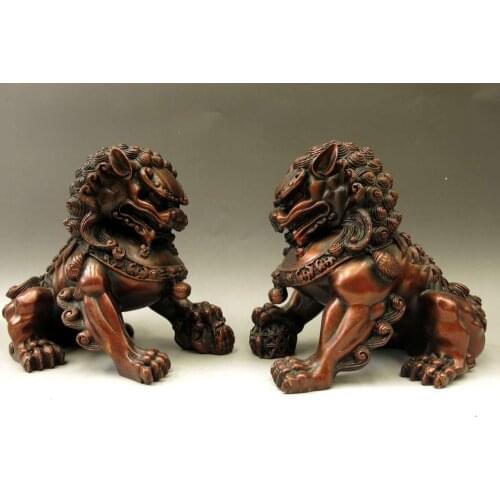6" China bronze sculpture carved red copper Feng Shui Foo Dogs lion pair Statue