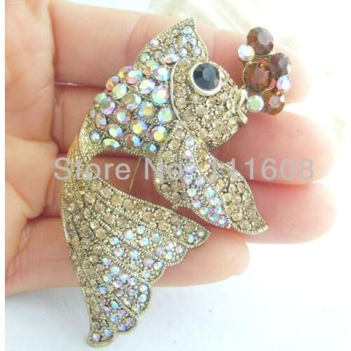 Lovely Carp Fish Brooch Pin W Brown Rhinestone Crystals EE05066C4