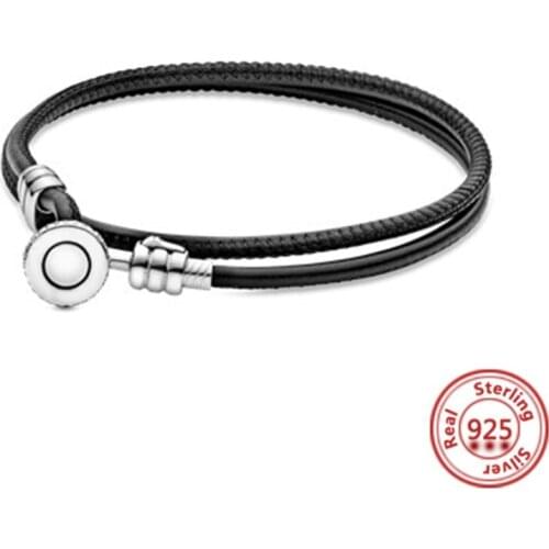 Charms 925 Sterling Solid Silver leather Bracelet Heart T-Bar Cuff Chain Sparkling Blue Disc Clasp Snake Chain Women Jewelry
