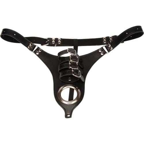 PU Leather C-String Thong with Adjustable Penis Rings Male Fetish Wear Chastity Belt Panties Underwear Sexy Lingerie for Men Sex