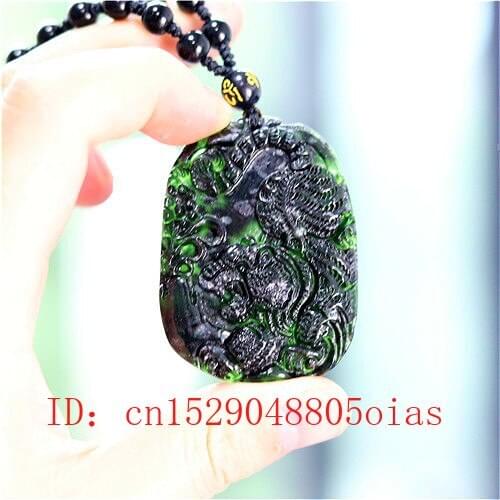 Chinese Natural Black Green Jade Tiger Pendant Beads Necklace Charm Jewelry Obsidian Accessories Carved Amulet Gifts for Men Her