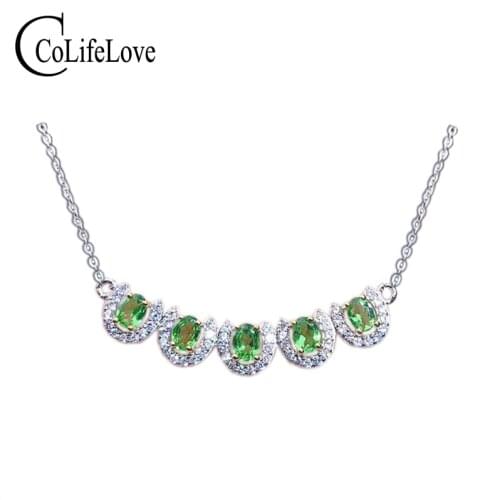 CoLife Jewelry Fashion Tsavorite Necklace for Young Girl 5 Pieces Natural Tsavorite Silver Necklace 925 Silver Tsavorite Jewelry