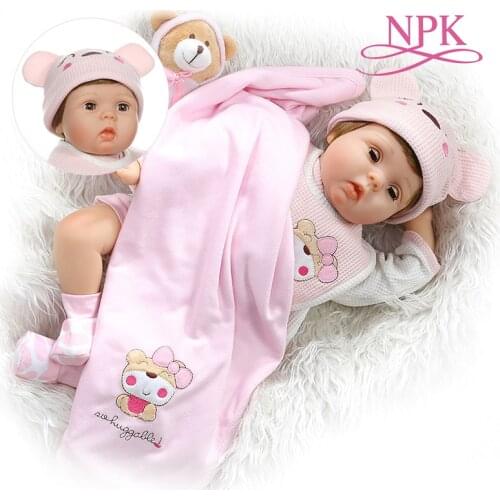 NPK 55cm Soft Body Bebe Doll Reborn Baby Silicone Doll Blink Eyes Sweet Girl Baby Birthday Gift with Plush Bear