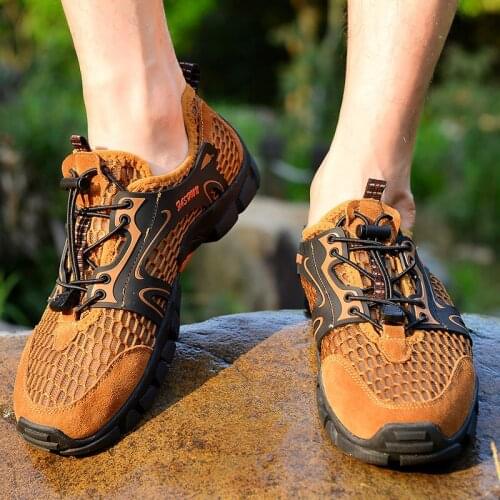 Summer Breathable Men Hiking Shoes Suede and Mesh Outdoor Men Sneakers Climbing Shoes Men Sport Shoes Quick-dry Upstream Shoes