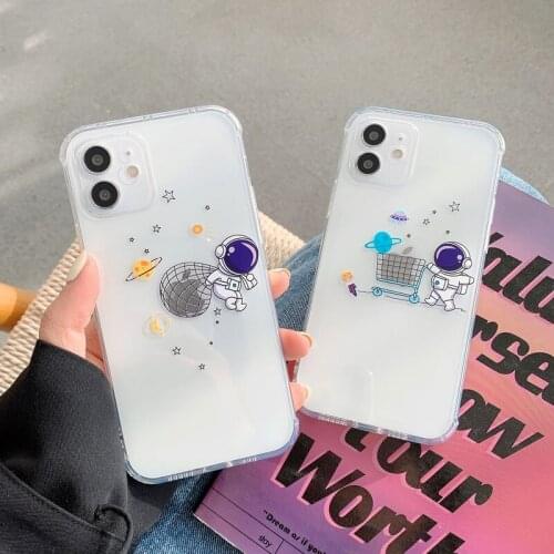 Moskado Funny Cartoon Astronauts Phone Case For iPhone 12 Pro 12 Mini 11 Pro Max X XR XS Max 7 8 Plus Clear Soft TPU Back Cover