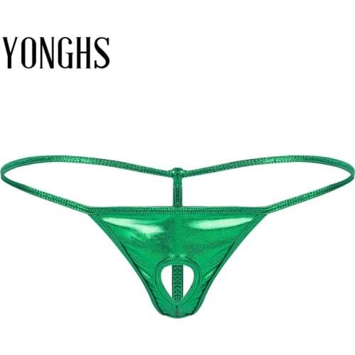 Mens Shiny Metallic Lingerie Sex Panties Low Rise Front with Penis Hole T-back Open Butt G-String Thong Bikini Briefs Underwear
