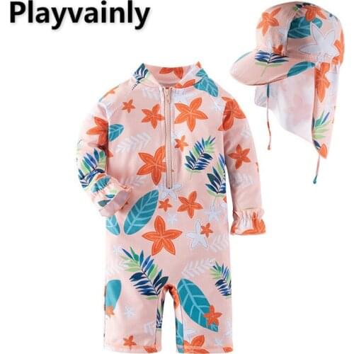 Wholesale Baby Girls Swimming Wear Pink Flowers leaves One Piece Swimsuits with Hat Children Fashion Swimwear E71438