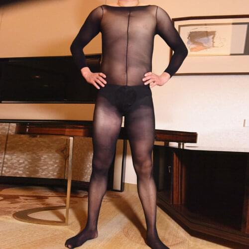 Sexy Men Oil Glossy Shiny Full Bodysuit COCKring Sheer Sexy Tight Bodystocking See Through U Convex Pouch Bodyhouse Gay Wear F29