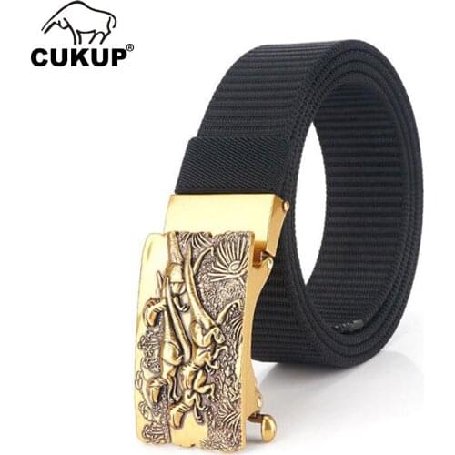 CUKUP Mens High Quality Nylon Belts for Men Accessories 3.5cm Width Unique Design Running Dinosaur Buckles Metal CBCK223