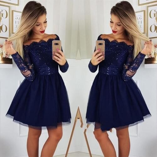 Sexy Off The Shoulder Navy Blue Short Prom Dresses 2019 Mini Length Lace Appliques Girls Long Sleeves Homecoming Dresses