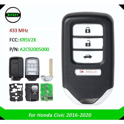 DIYKEY Smart Remote Key 433MHz Fob for Honda Civic 2016 - 2020 47 Chip FCC: KR5V2X A2C92005000 P/N: 72147-TBA-A01 72147-TBA-A02