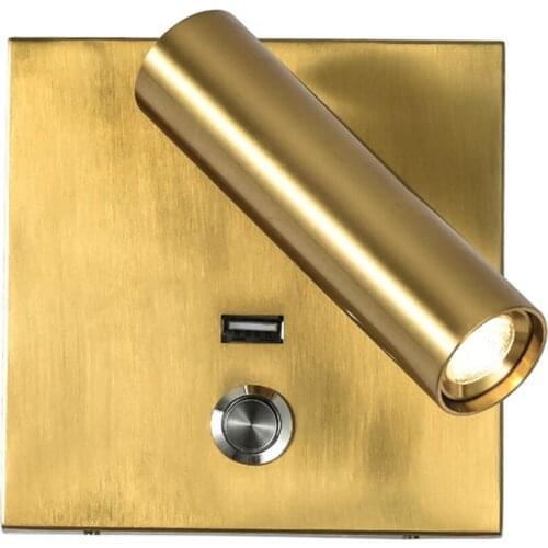 Tokili Recessed Gold Wall Sconce LED 3W Living Room Foyer Bedroom Adjustable Reading Lamp Switch ON/OFF with USB Charger 5V 2A