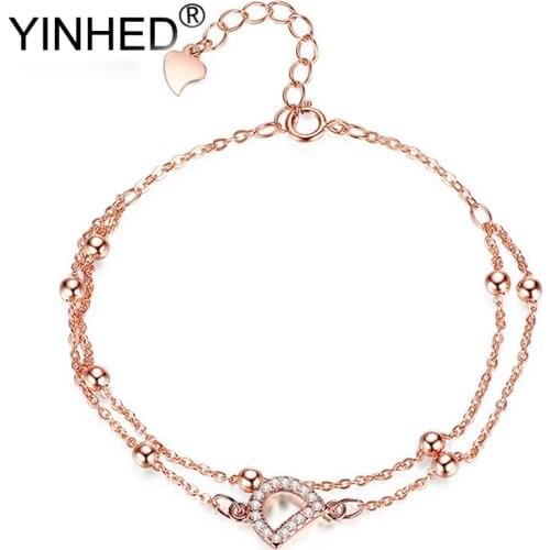 YINHED Sweet Love Letter D Shape Bracelet Rose Gold Color Crystal Link Bracelets for Women Birthday Gift ZB056