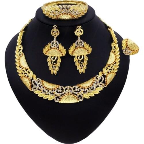 Yulaili Bridal Crystal Necklace Drop Earrings Bracelet Ring For Women Dubai Gold Jewelry Sets Nigeria Wedding Jewelery Set
