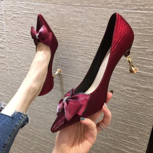 Bowknot High Heels Womens Stiletto Heel 2020 New Fashion Satin Pointed Toe Shallow Mouth Net Red Single Shoes Wedding Shoes