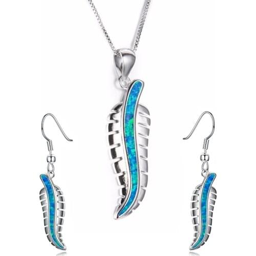 Fashion Leaves Accessories Set For Women Imitation Blue Fire Opal Plant Pendant Necklace Earrings Women Wedding Jewelry