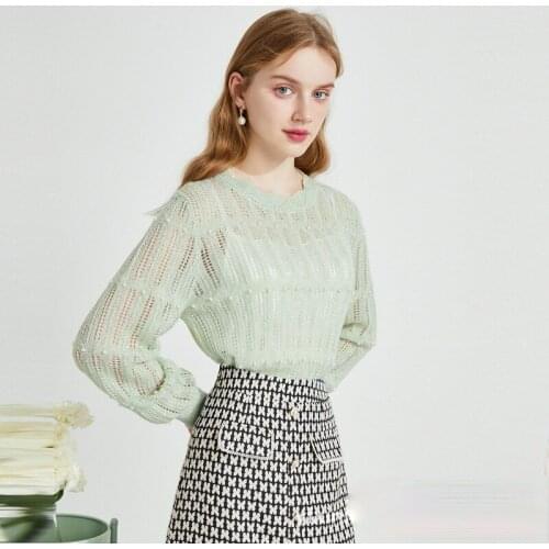 Womens Bright Silk Beaded Knitting Thin O-Neck Long-Sleeved Sweater Autumn Fashion Sexy See-Through Plus Size Pullover Jumpers