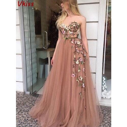 Flesh Pink Tulle Prom Maxi Dresses 2020 Elegant Women Formal Party Night Long Vestidos Gala Appliqus Robes Elegant Evening Gowns
