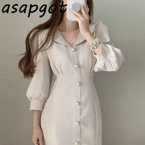 Korea Chic Minimalist Temperament Puff Sleeve Lapel Single Breasted Mermaid Dress Oversize Office Lady Fashion Vestido De Mujer