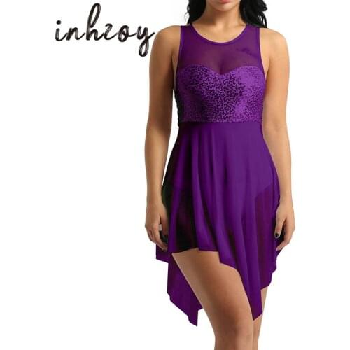 Womens Lyrical Dance Dress Sequins V-Neck Chiffon Asymmetric Skirted Leotard Modern Contemporary Dresses
