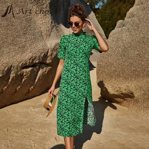 2021 Women Slit Dress Summer Casual Beach Floral Print Bodycon Trendy Elagant Ladies Green Holiday Boho Party Midi Vestido