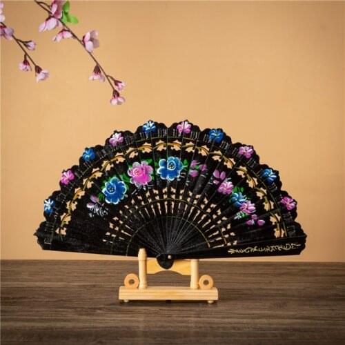 8 Inch Spanish Colorful Floral Print Folding Handheld Fan Retro Hollow Out Wood Dancing Hand Fan for Women Festival Party Stage