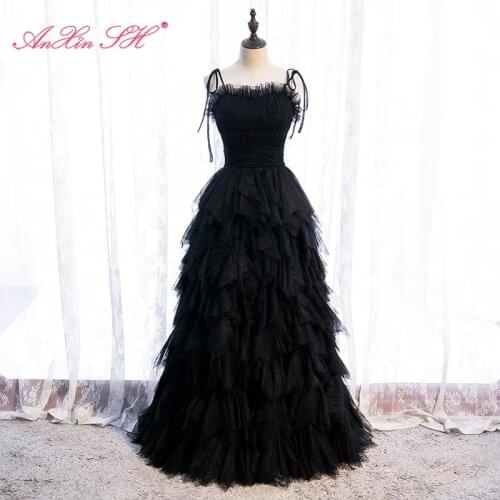 AnXin SH princess black lace evening dress vintage party spaghetti strap sleeve ruffles bow evening dress little black dress