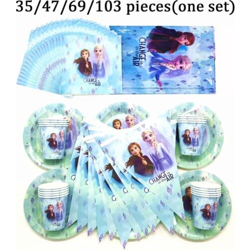 Happy Birthday Decor Princess Elsa Banners Flags For Baby Shower Party Kids Blue Frozen 2 Theme Party Supplies Paper Cup Plates