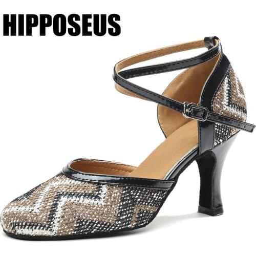 Hipposeus Women Dancing Shoes Female Latin Salsa Tango Ballroom Dance Shoes Girls Modern Soft Sole Thin Heel Party Dance Shoes